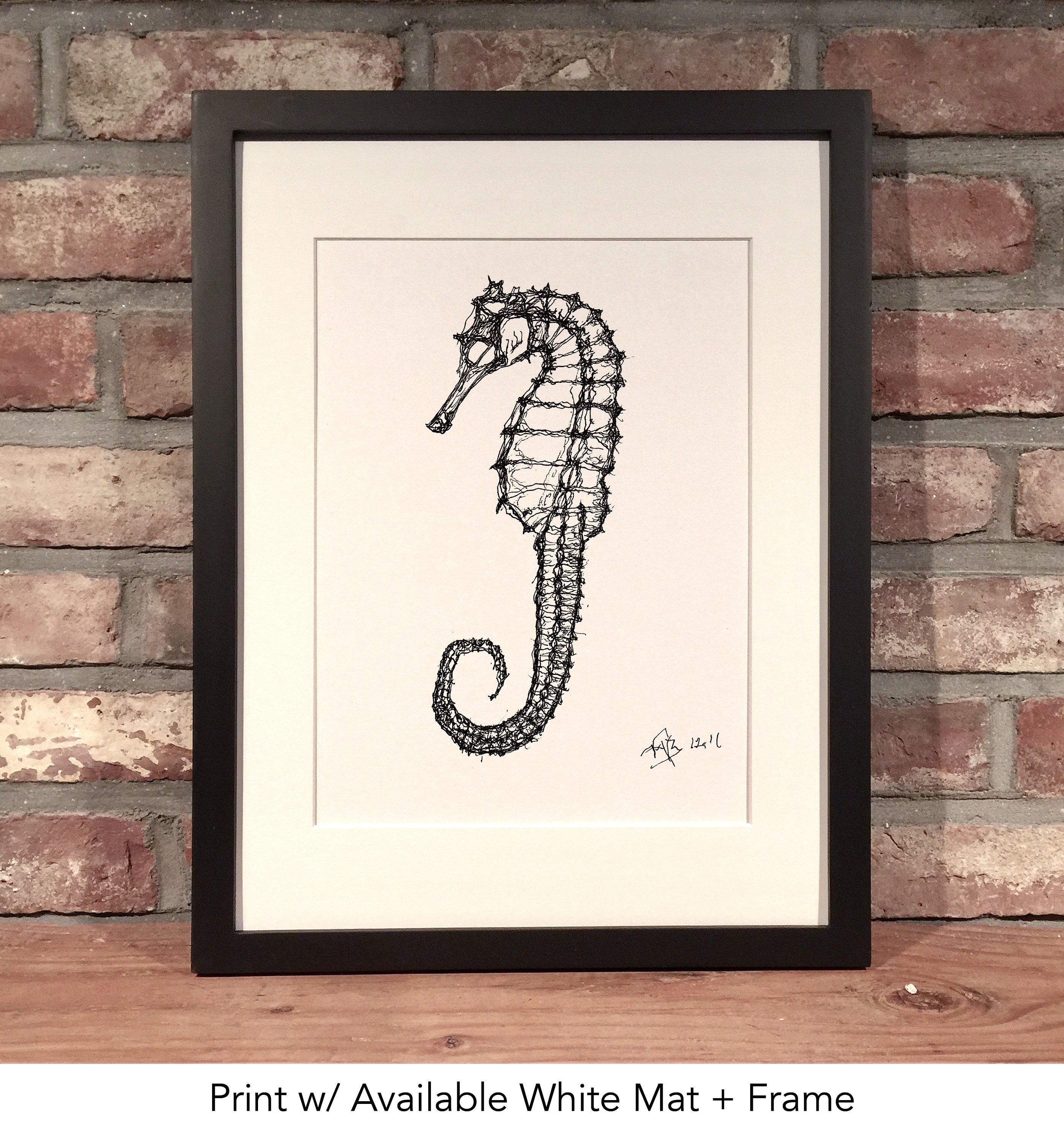 海をテーマにしたタツノオトシゴの版画、ペンとインクの絵（白黒