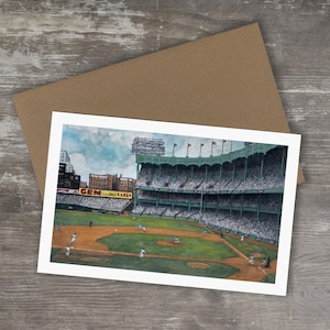 Tarjeta de felicitación del estadio de los Yankees de los años 50: arte en tinta y acuarela