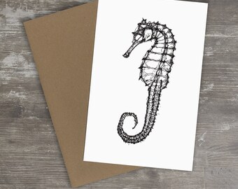 海をテーマにしたタツノオトシゴの版画、ペンとインクの絵（白黒