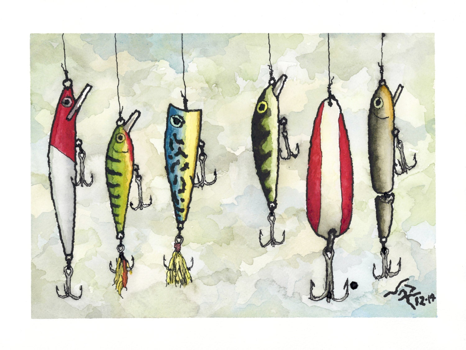 FISHING LURES // Ink & Watercolor Art Print 