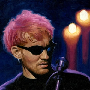May include: An oil painting of a person with pink hair and black sunglasses, holding a microphone. The background is dark blue with two glowing lights.