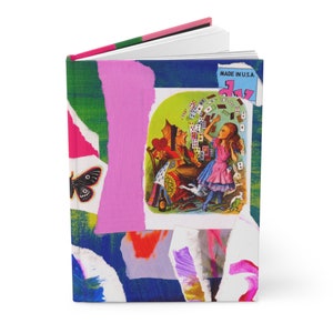 May include: A colorful journal with a collage of paper scraps and a vintage illustration of Alice in Wonderland. The illustration shows Alice holding a deck of cards with the Queen of Hearts in the background. The journal cover also includes a butterfly, a heart, and the text "Made in U.S.A."