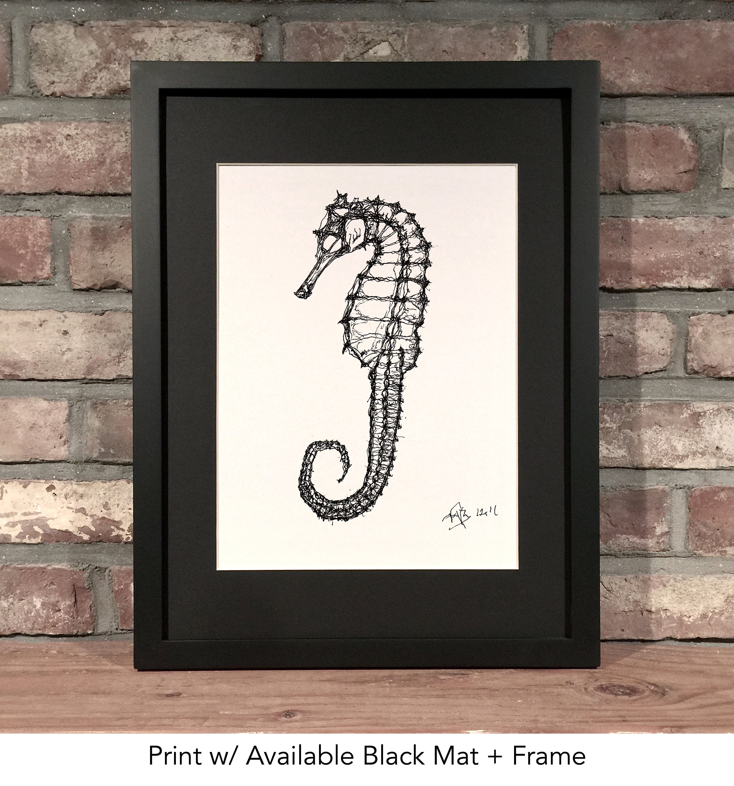 海をテーマにしたタツノオトシゴの版画、ペンとインクの絵（白黒