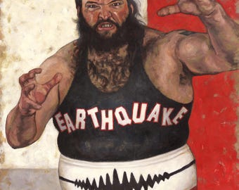 Earthquake Art Print: Vintage Wrestling Legend Poster, Oil Painting