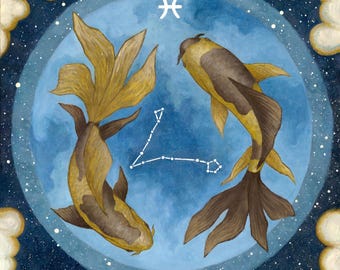 Pisces Zodiac Art Print | Pisces Oil Painting | Astrology Wall Art | Celestial Fish Artwork | Horoscope Decor | Constellation Print