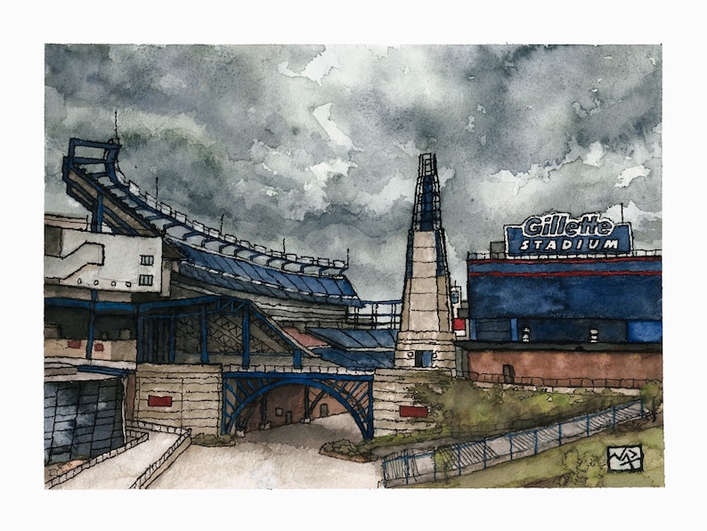 Art Print Gillette Stadium Ink Watercolor Image 0