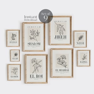 Hebrew Names of God Wall Art Set of 9 – Christian Bible Verse Decor, Scripture Wall Art, Biblical Home Decor, Faith Gift for Christians