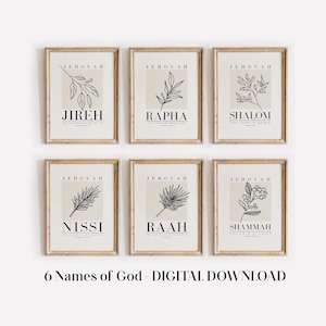 Afdrukbare Hebreeuwse namen van God Set van 6 christelijke kunst aan de muur, Jehovah Jireh Rapha Shalom Shammah Nissi Raah, Bijbelvers kunst aan de muur, downloadbaar
