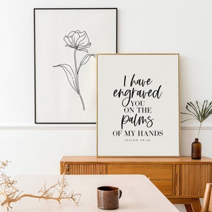Set van 2 christelijke muurkunst, ik heb je in mijn handpalmen gegraveerd, ISAIAH 49:16, minimalistische bijbelkunst aan de muur, cadeaus voor christen