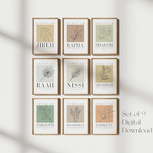 Set of 9 bundle Hebrew Names of God printable art, Jehovah Jireh Rapha Shalom Nissi Raah Mekoddishkem Tsidkenu Sabaoth, Christian wall art