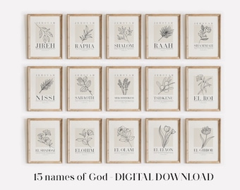 Set of 15 Bundle Hebrew Names of God Printable art, Jehovah Jireh Rapha Shalom Mekoddishkem Tsidkenu Sabaoth El Roi Elyon El Shaddai El Olam