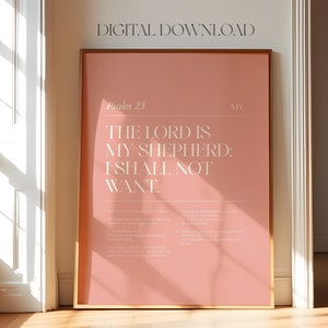 Salmo 23 El Señor es mi pastor - Versículo bíblico imprimible para pared para nieta, póster de capítulo bíblico, póster rosa, decoración de habitación de niña cristiana