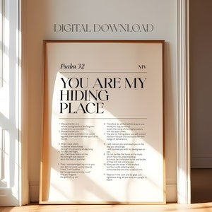 May include: Black and white printable wall art with the text "You Are My Hiding Place" and a Bible verse from Psalm 32 in the NIV translation.