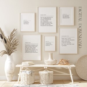 K&ouml;nnte beinhalten: Satz von sechs druckbaren Wandbildern mit Bibelversen &uuml;ber Heilung und Wiederherstellung. Die Drucke sind im minimalistischen Stil gehalten mit schwarzem Text auf wei&szlig;em Hintergrund.
