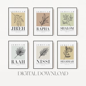 Set of 6 Christian printable wall art, Jehovah Jireh Rapha Shalom Shammah Nissi Raah wall print, Modern minimalist bible wall art print