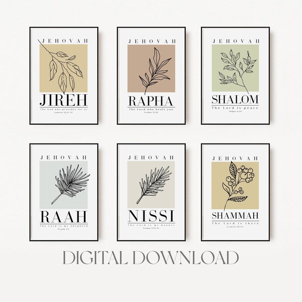 Set of 6 Christian printable wall art, Jehovah Jireh Rapha Shalom Shammah Nissi Raah wall print, Modern minimalist bible wall art print