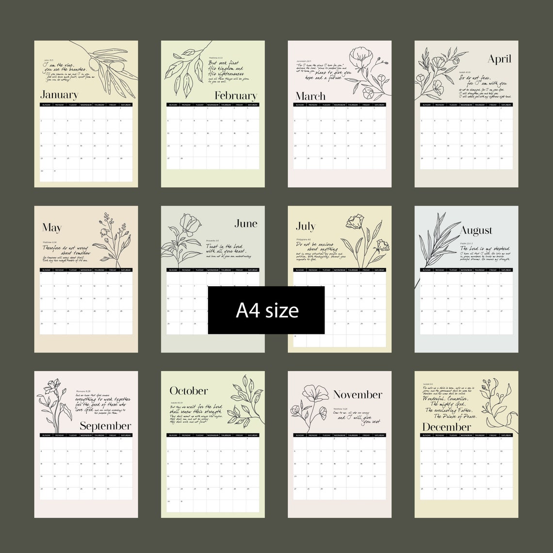 2022 Calendar Printable Scripture Bible Verse Wall Calendar Etsy