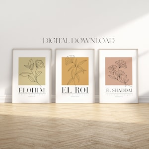 Hebrew Names of God Set of 3 digital wall art, Christian wall art, Elohim El Roi El Shaddai printable wall art, bible wall art