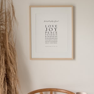 May include: A framed print with a white background and black text. The text reads "Fruit of the Holy Spirit" and lists the following words: Love, Joy, Peace, Patience, Kindness, Goodness, Faithfulness, Gentleness, Self-Control. The text also includes the scripture reference "Galatians 5:22-23".