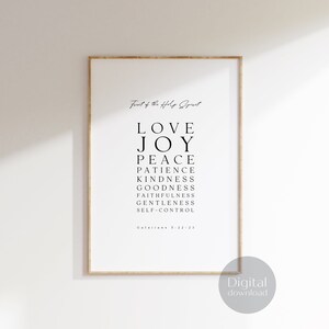 May include: A printable wall art design featuring the fruits of the Holy Spirit in black text on a white background. The text reads "Fruit of the Holy Spirit" followed by "Love, Joy, Peace, Patience, Kindness, Goodness, Faithfulness, Gentleness, Self-Control." The text also includes "Galatians 5:22-23".