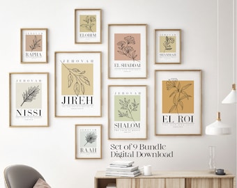 Hebrew Names of God printable wall art, Jehovah Jireh Rapha Shalom Nissi Raah Shammah Elohim El Roi El Shaddai, Christian wall art poster