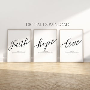 Faith Hope Love set of 3 Christians downloadable poster, Modern Christian wall art, Bible verse wall printable, Christian home deco