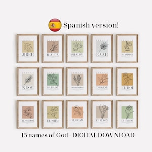 Spaanse versie 15 namen van God digitale download, Jehova Jireh Rafa Shalom Mekoddishkem Tsidkenu Sabaot El Roi Elyon El Shaddai El Olam