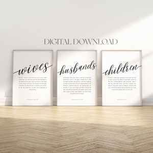 Set of 3 Ephesians 5:22-28 downloadable Bible wall art, Wives Husbands Children scripture wall print, Kids Nursery Wall Art, Baptism gift
