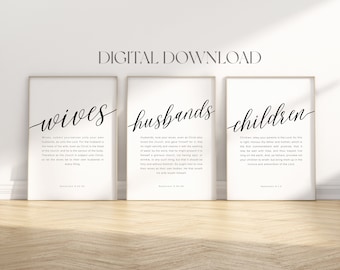 Set of 3 Ephesians 5:22-28 downloadable Bible wall art, Wives Husbands Children scripture wall print, Kids Nursery Wall Art, Baptism gift