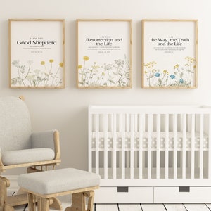 May include: Three framed prints with floral designs and bible verses. The prints read "I am the Good Shepherd", "I am the Resurrection and the Life", and "I am the Way, the Truth and the Life".