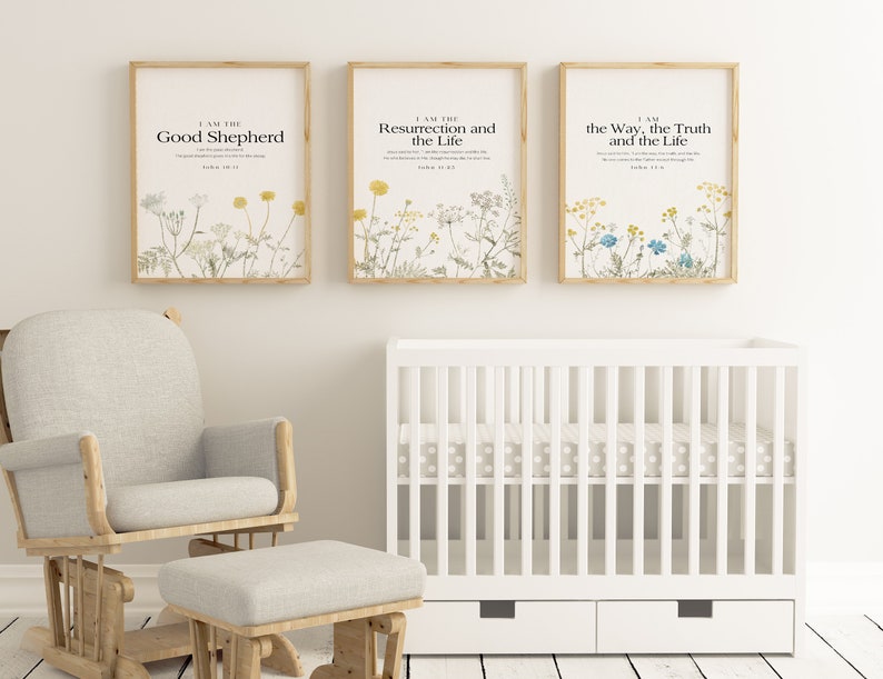 May include: Three framed prints with floral designs and bible verses. The prints read "I am the Good Shepherd", "I am the Resurrection and the Life", and "I am the Way, the Truth and the Life".