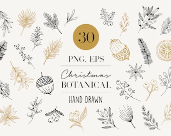 May include: A set of 30 hand-drawn Christmas botanical illustrations in black and gold. PNG, EPS. Christmas Botanical. Hand Drawn.