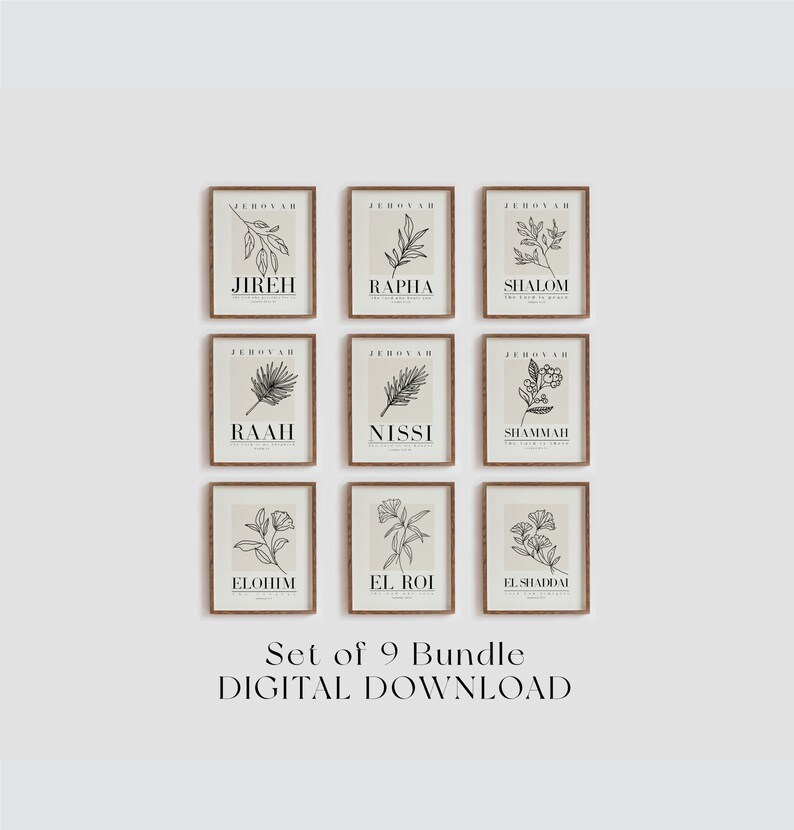 Hebrew Names of God Wall Art Set of 9 – Christian Bible Verse Decor ...