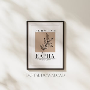 May include: A digital download print with a brown background and a black line drawing of a leaf. The text "Jehovah Rapha The Lord who heals you Exodus 15:26" is printed in black.