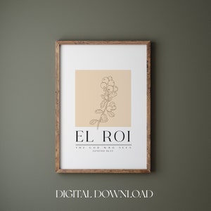 Pode incluir: Uma impressão de arte imprimível com um fundo bege que apresenta um desenho de linha de um ramo com bagas. O texto "El Roi" está abaixo da imagem com a frase "The God Who Sees" e "Genesis 16:13" abaixo.