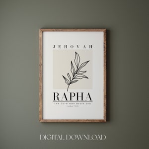 Puede incluir: Una descarga digital imprimible con un fondo beige y un dibujo de línea negra de una hoja. El texto "JEHOVAH RAPHA The Lord who heals you Exodus 15:26" está impreso en negro.