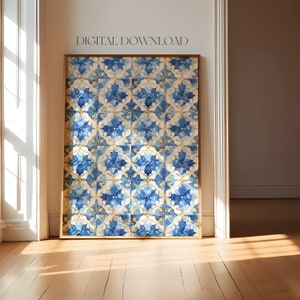 Könnte beinhalten: Ein digitaler Download eines druckbaren Kunstdrucks mit einem blauen und goldenen geometrischen Muster, inspiriert von traditionellen portugiesischen Fliesen. Das Muster besteht aus sich wiederholenden floralen Motiven.