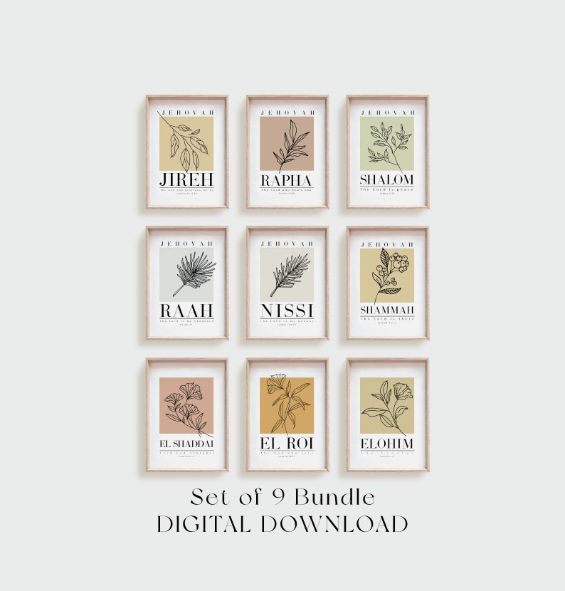 Set of 9 Hebrew Names of God Art Prints – Christian Scripture Wall Art ...