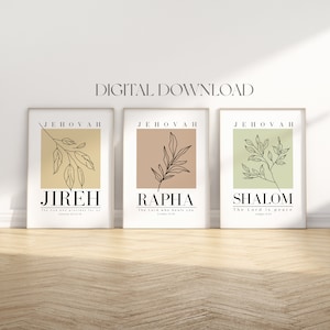 May include: Three printable wall art prints with a minimalist design. Each print features a branch with leaves in a different color: gold, brown, and green. The prints have the words "Jehovah", "Jireh", "Rapha", "Shalom", and corresponding bible verses.