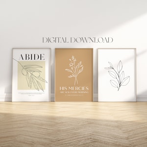 Botanical Christian wall art Set of 3 Printable, Wildflower wall art, Boho bible verse wall deco, Boho Apartment living room wall print