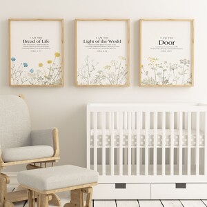 May include: Three framed prints with floral illustrations and bible verses. The prints say "I am the Bread of Life", "I am the Light of the World", and "I am the Door".