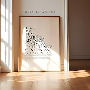 May include: A printable wall art print with a white background and black text. The text is a list of the fruits of the Spirit: love, joy, peace, patience, kindness, goodness, faithfulness, gentleness, and self-control. The text is from Galatians 5:22-23.