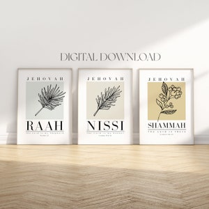 Set of 3 Christian wall art, Jehovah Shammah Nissi Raah printable wall art, Modern minimalist bible wall art print, Gifts for Christian home