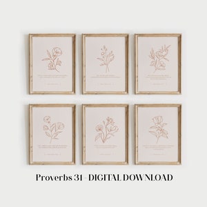 Proverbs 31 digital wall print, Set of 6 Proverbs for women, bible verse wall art, Scripture print for women, Gifts for Christian women