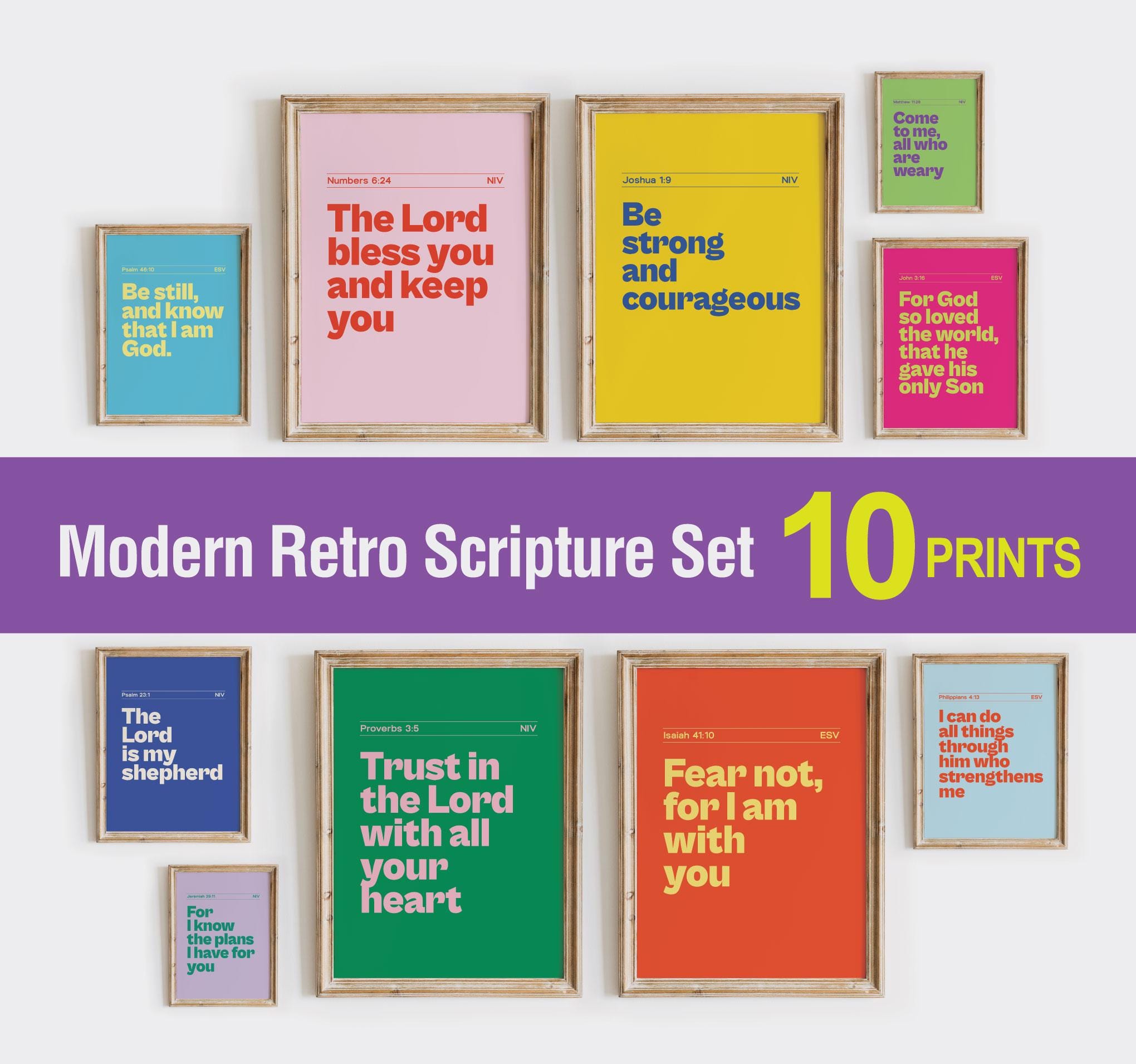 Christian Wall Art Printable Set of 10 | Retro Typography Bible Verse ...