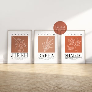 Set of 3 Yahweh Hebrew Names of God downloadable, Yahweh Jireh Rapha Shalom printable wall art, Christian wall art, Scripture wall print