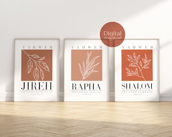 Láminas artísticas de los nombres de Dios: Jireh, Rapha, Shalom (Descarga digital)