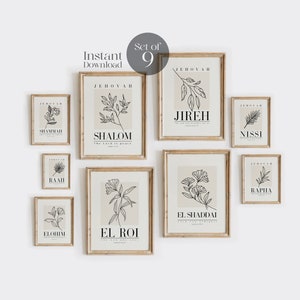 Set van 9 bundel Hebreeuwse namen van God afdrukbare, Jehovah Jireh Rapha Shalom Nissi Raah Shammah Elohim El Roi El Shaddai, christelijke muurkunst