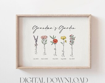 May include: A printable digital download of a floral illustration with the text "Grandma's Garden". The illustration features five flowers with names and dates written below each flower. The flowers are lavender, pink, red, yellow, and red berries.