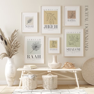 May include: Set of six printable wall art prints featuring Hebrew words and botanical illustrations. Each print has a beige background with black text and a black line drawing of a plant. The words are "Jehovah", "Nissi", "Jireh", "Rapha", "Shammah", "Shalom", and "Raaah".